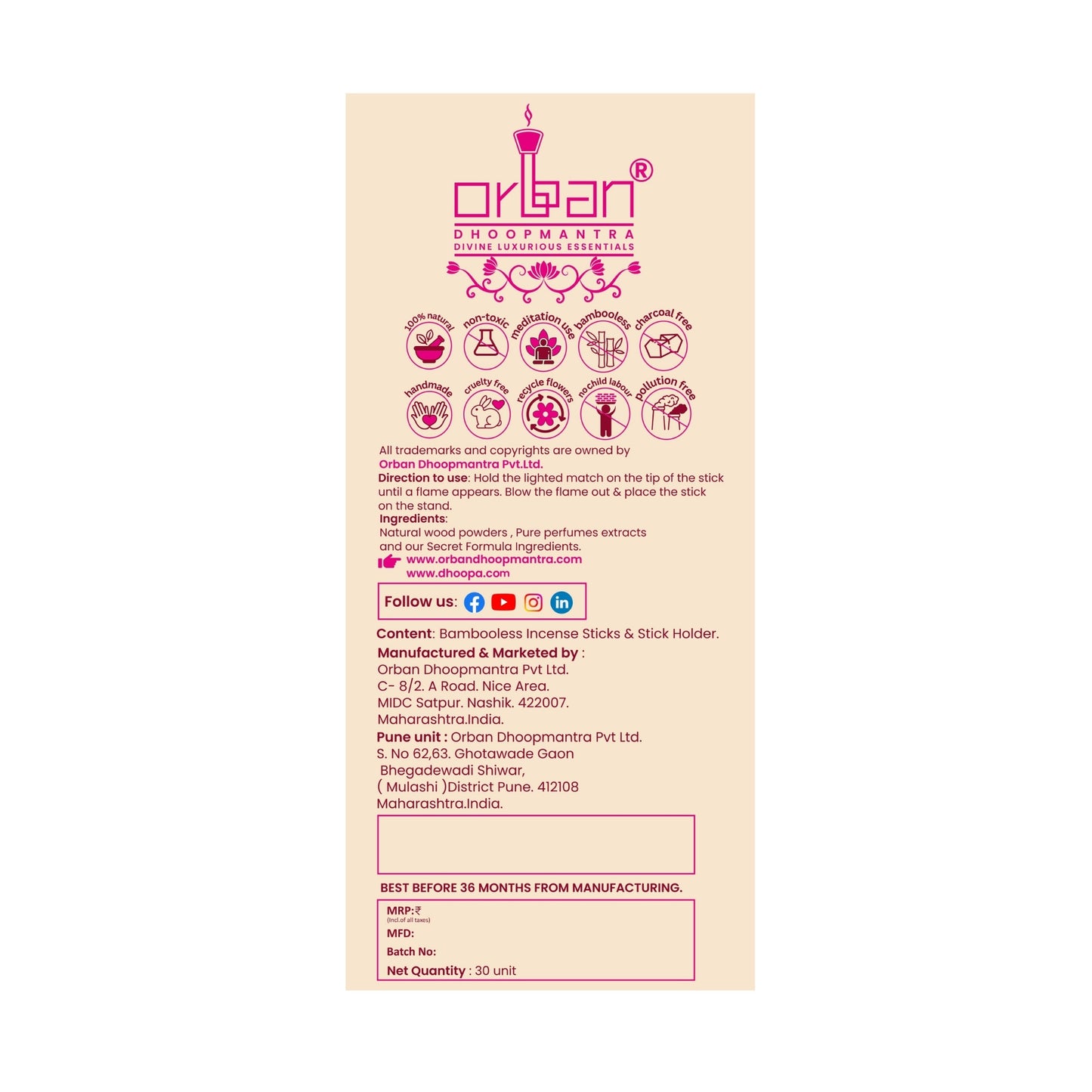 DHOOPA by ORBAN Deluxe Incense Dhoop Stick | Relaxing Aroma for Mindfulness, Yoga, Meditation & Pooja | Lotus Fragrance | with Bookmark & Stand