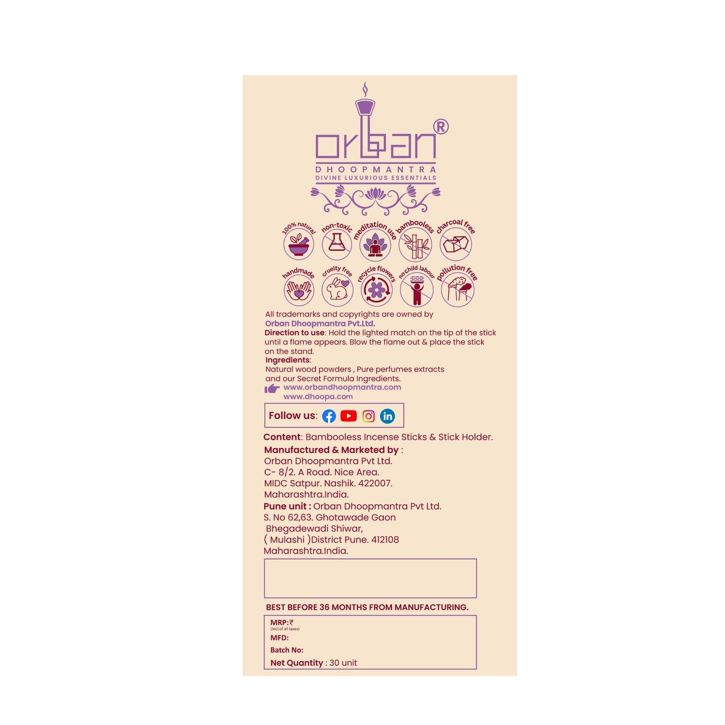 DHOOPA by ORBAN Deluxe Incense Dhoop Sticks | Create Calm & Positivity | Ideal for Pooja, Yoga & Daily Rituals | Lavender Fragrance | with Stand & Bookmark