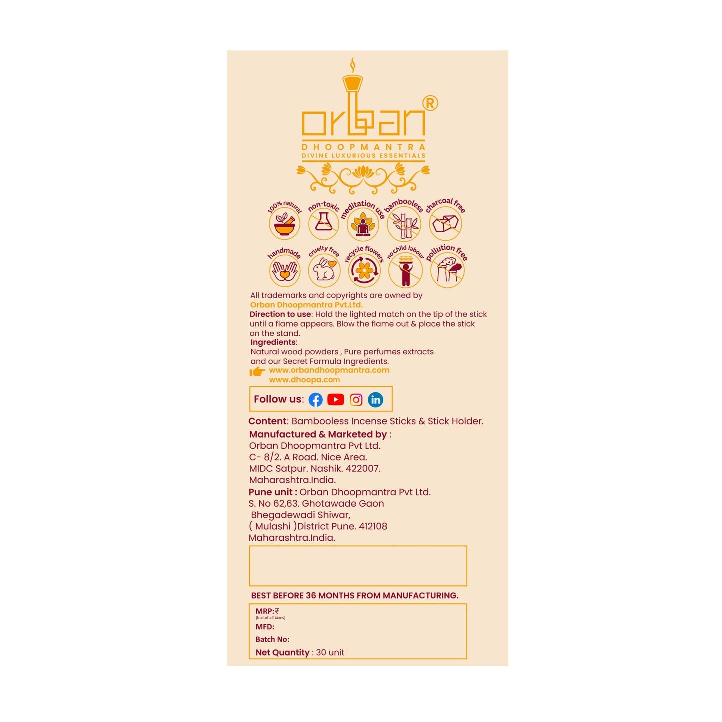 DHOOPA by ORBAN Deluxe Incense Dhoop Sticks | Spiritual & Soothing Aroma | Perfect for Home, Yoga & Pooja | Sonchapha Fragrance | with Stand & Bookmark