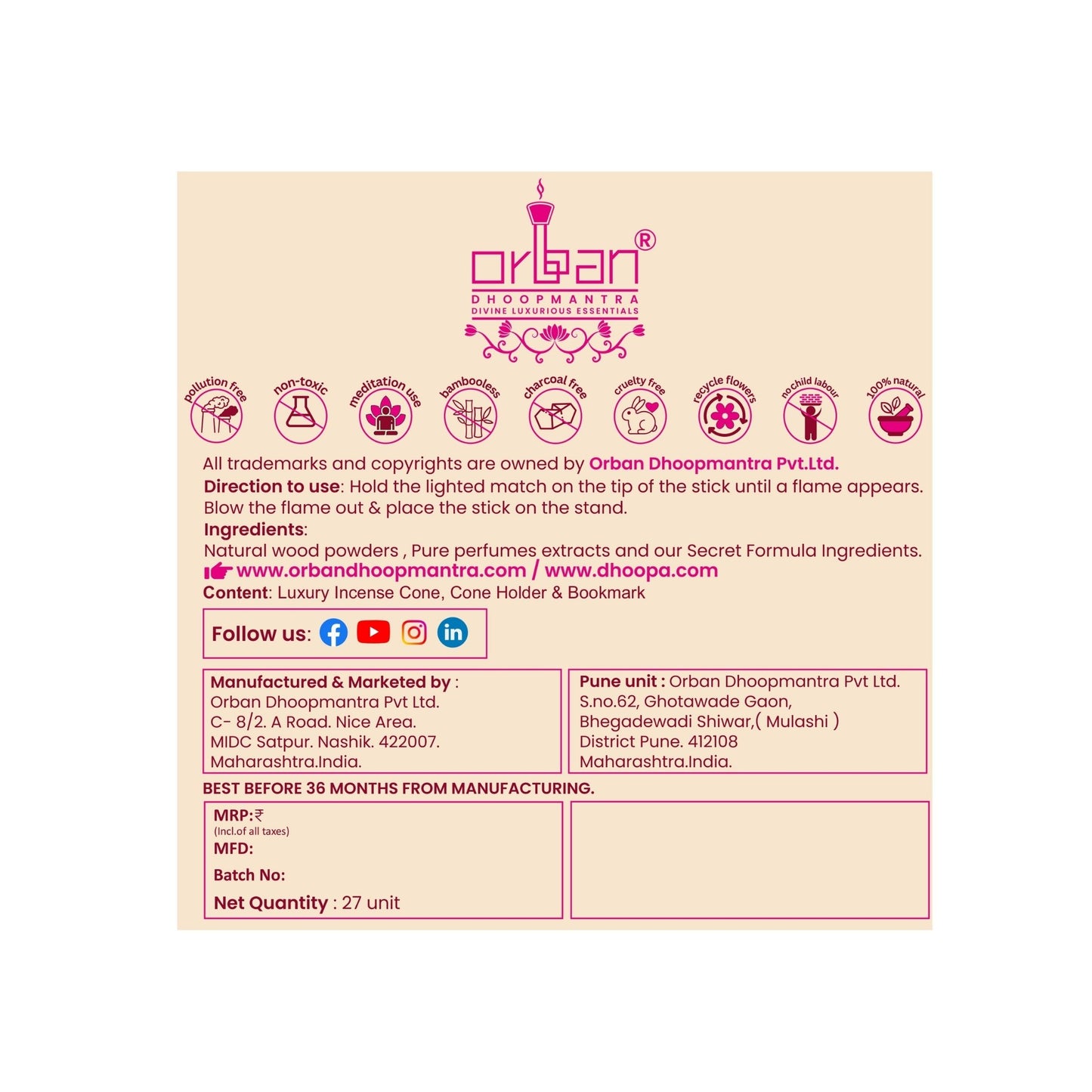 DHOOPA by ORBAN Deluxe Incense Cone | Clean Burning & Non-Toxic & Natural Incense| Ideal for Meditation & Relaxation | Lotus Fragrance with Stand and Bookmark.