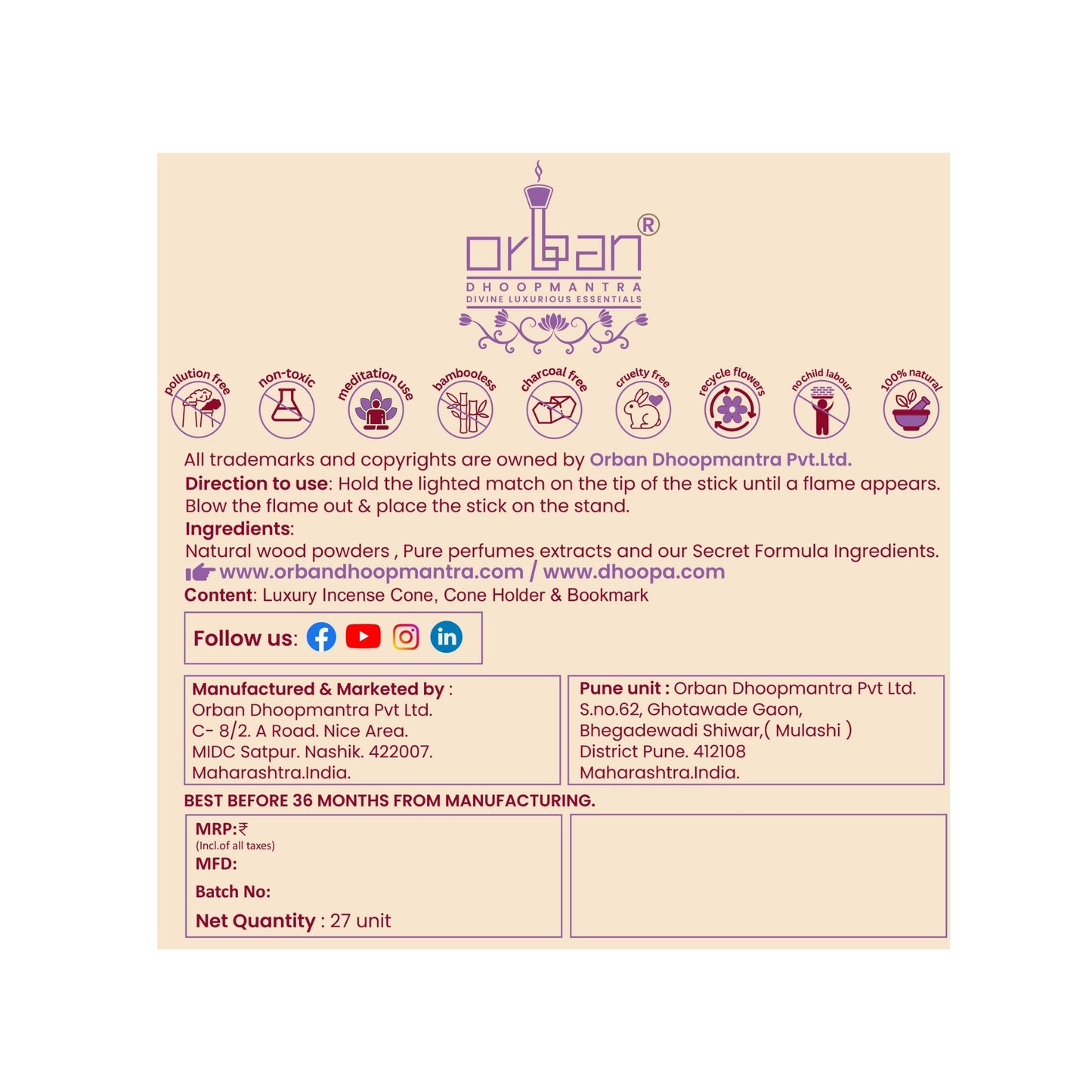 DHOOPA by ORBAN Deluxe Incense Cone | Create a Divine Aura | Ideal for Pooja & Meditation | Pure Lavender Fragrance | with Stand and Warli Art Bookmark