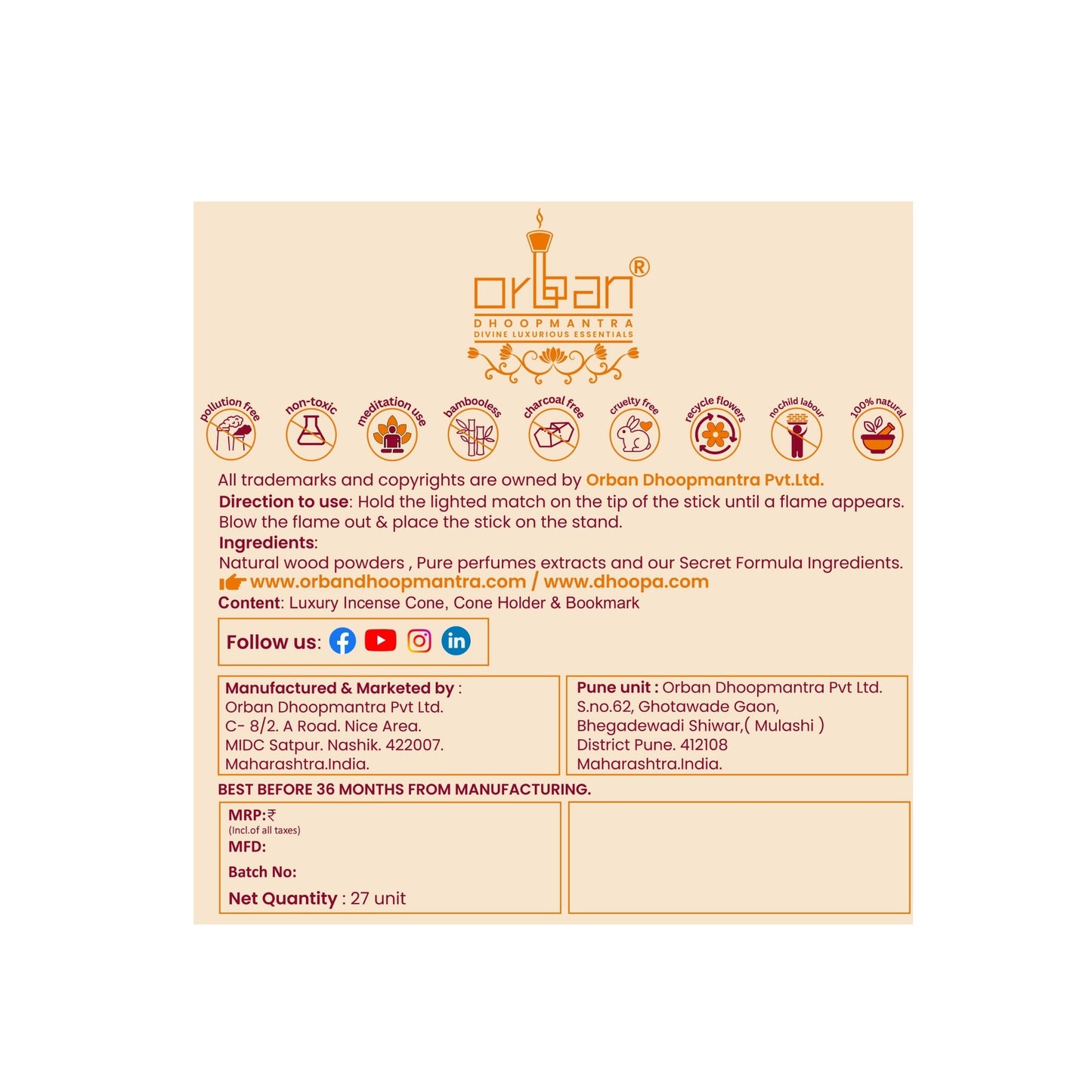 DHOOPA by ORBAN Deluxe Incense Cone | Eco-Friendly & Handmade | Perfect for Spiritual & Home Use | Sonchapha Fragrance | with Stand & Bookmark