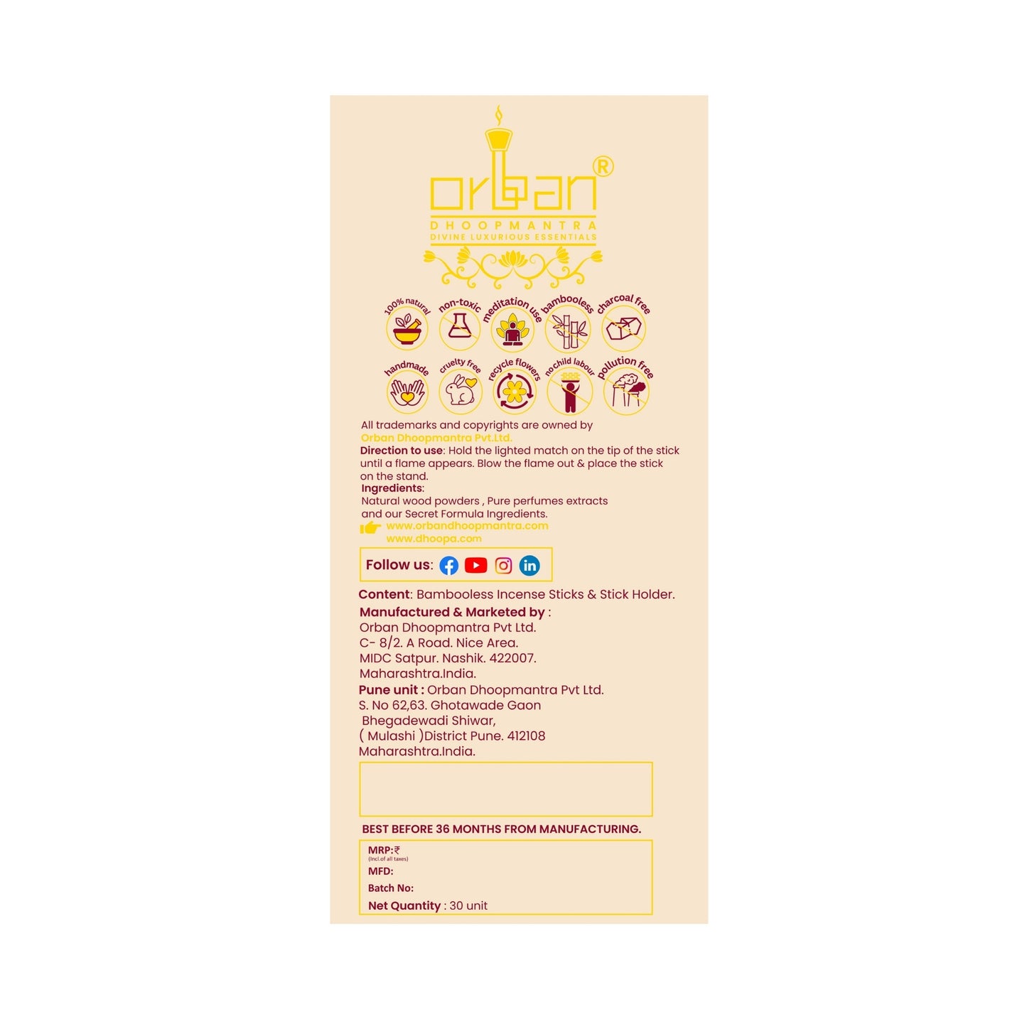 DHOOPA by ORBAN Deluxe Incense Dhoop Sticks | Pure & Natural Blend | Ideal for Prayer, Meditation & Wellness | Sandalwood Fragrance | with Stand & Bookmark