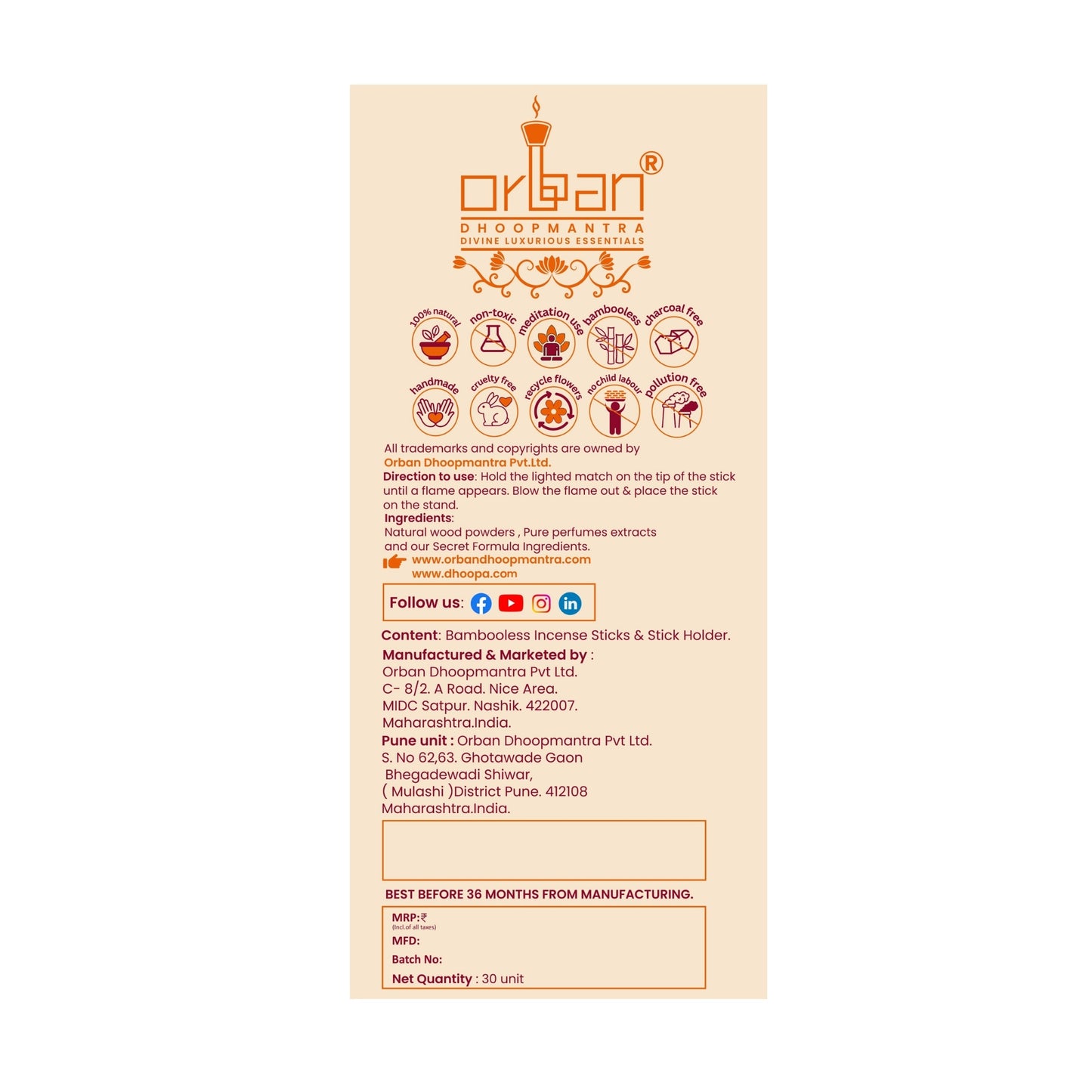 DHOOPA by ORBAN Deluxe Incense Dhoop Stick, Clean-Burning & Eco-Friendly | Enhance Meditation, Yoga & Pooja Experience | Parijaat Fragrance | with Stand & Bookmark