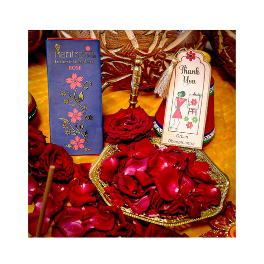 MAAY MANTRAMA By ORBAN – Royal Incense Dhoop Stick |For Home Puja, Relaxation & Inner Calm Eco-Friendly , Devotional Incense| Rose Fragrance|With Dhoop Stand & Bookmark