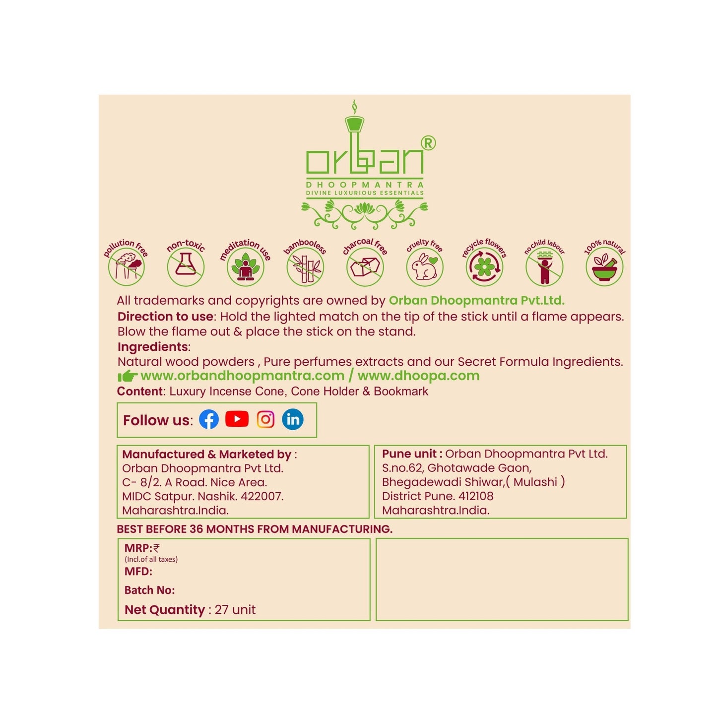 DHOOPA by ORBAN Deluxe Incense Cone | Refreshing Aroma for Peaceful Spaces | Perfect for Pooja | Jasmine Fragrance | with Stand & Bookmark