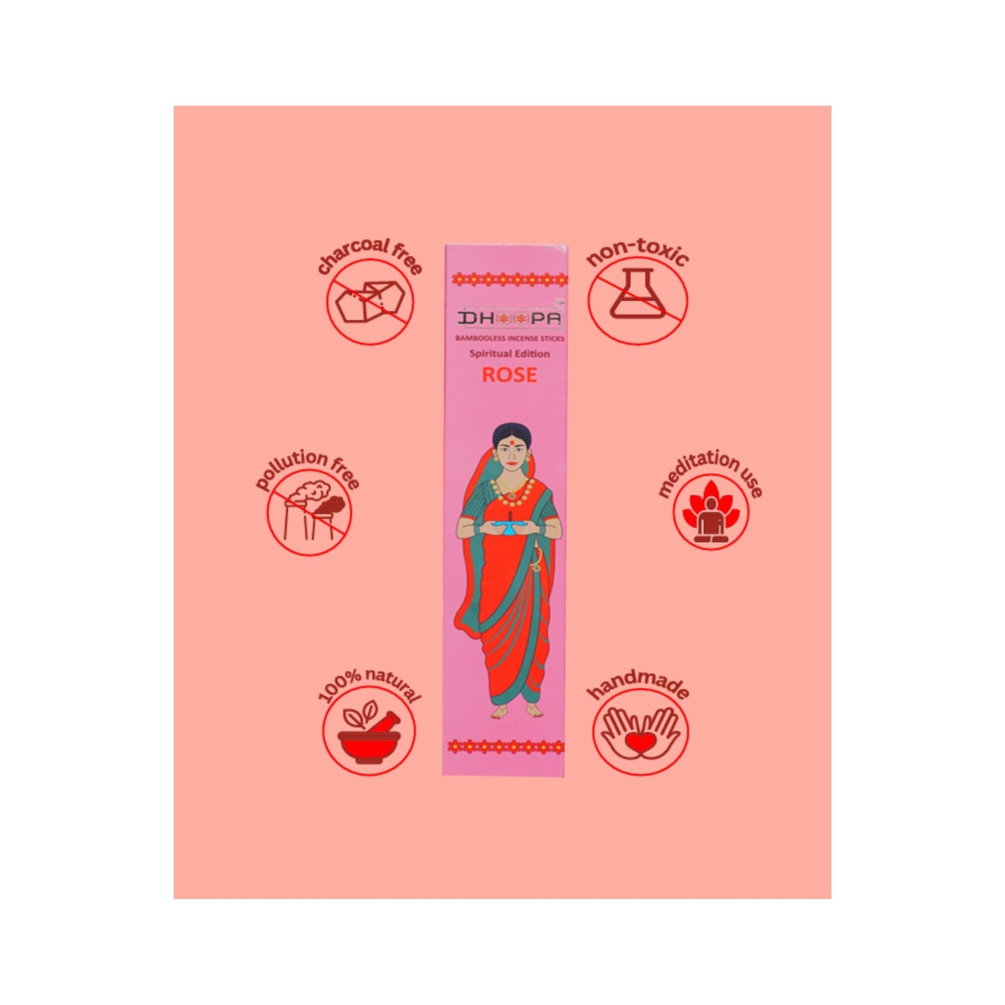 DHOOPA By ORBAN - Classic Bambooless Incense Sticks | Long-lasting Herbal incense Sticks For Pooja | ROSE Fragrance | With Incense Sticks Stand