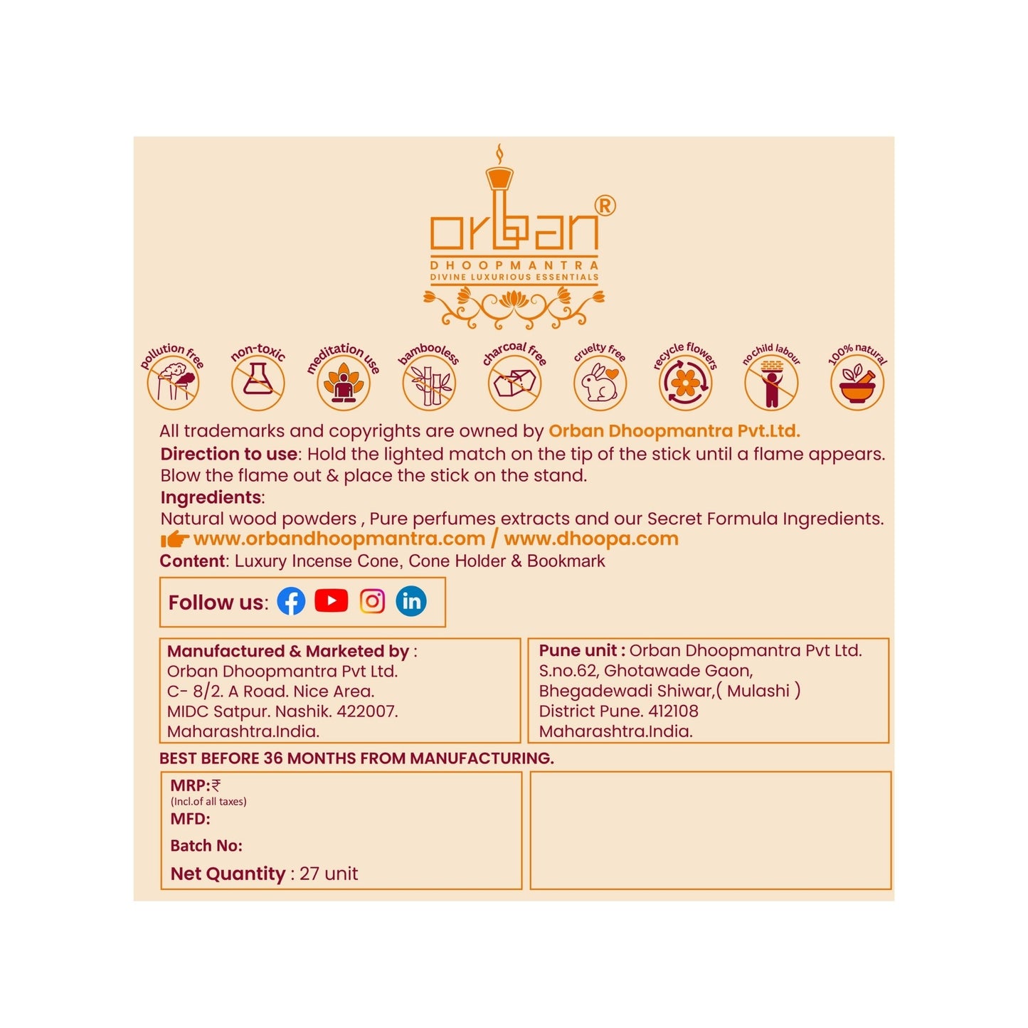 DHOOPA by ORBAN Deluxe Incense Cone | Organic & Charcoal-Free | Enhances Focus & Calm | Parijaat Fragrance | with Stand and Bookmark