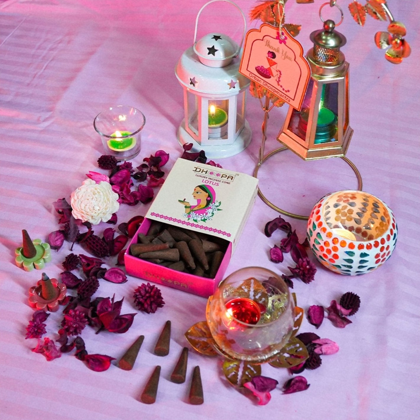 DHOOPA by ORBAN Deluxe Incense Cone | Clean Burning & Non-Toxic & Natural Incense| Ideal for Meditation & Relaxation | Lotus Fragrance with Stand and Bookmark.