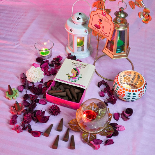 DHOOPA by ORBAN Deluxe Incense Cone | Clean Burning & Non-Toxic & Natural Incense| Ideal for Meditation & Relaxation | Lotus Fragrance with Stand and Bookmark.
