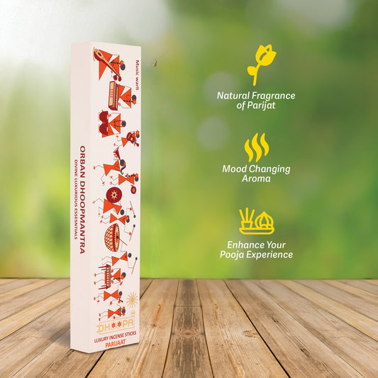 DHOOPA by ORBAN - Warli Luxury Incense Sticks | Positive Energy for puja,Yoga & Meditation | with Bookmark and Premium Stand | Parijaat Fragrance